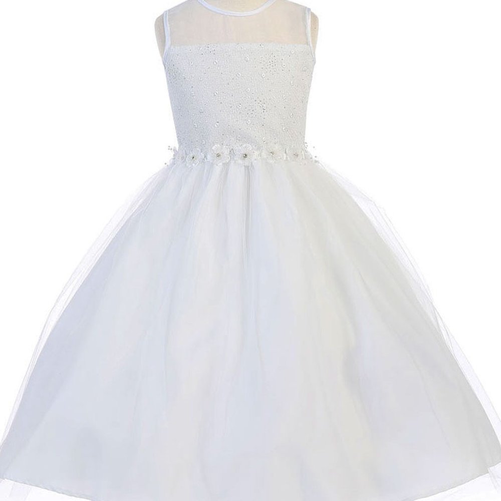 Big Girls Flower Belt Tulle Dress Organza Wedding Flower Girl Dresses White